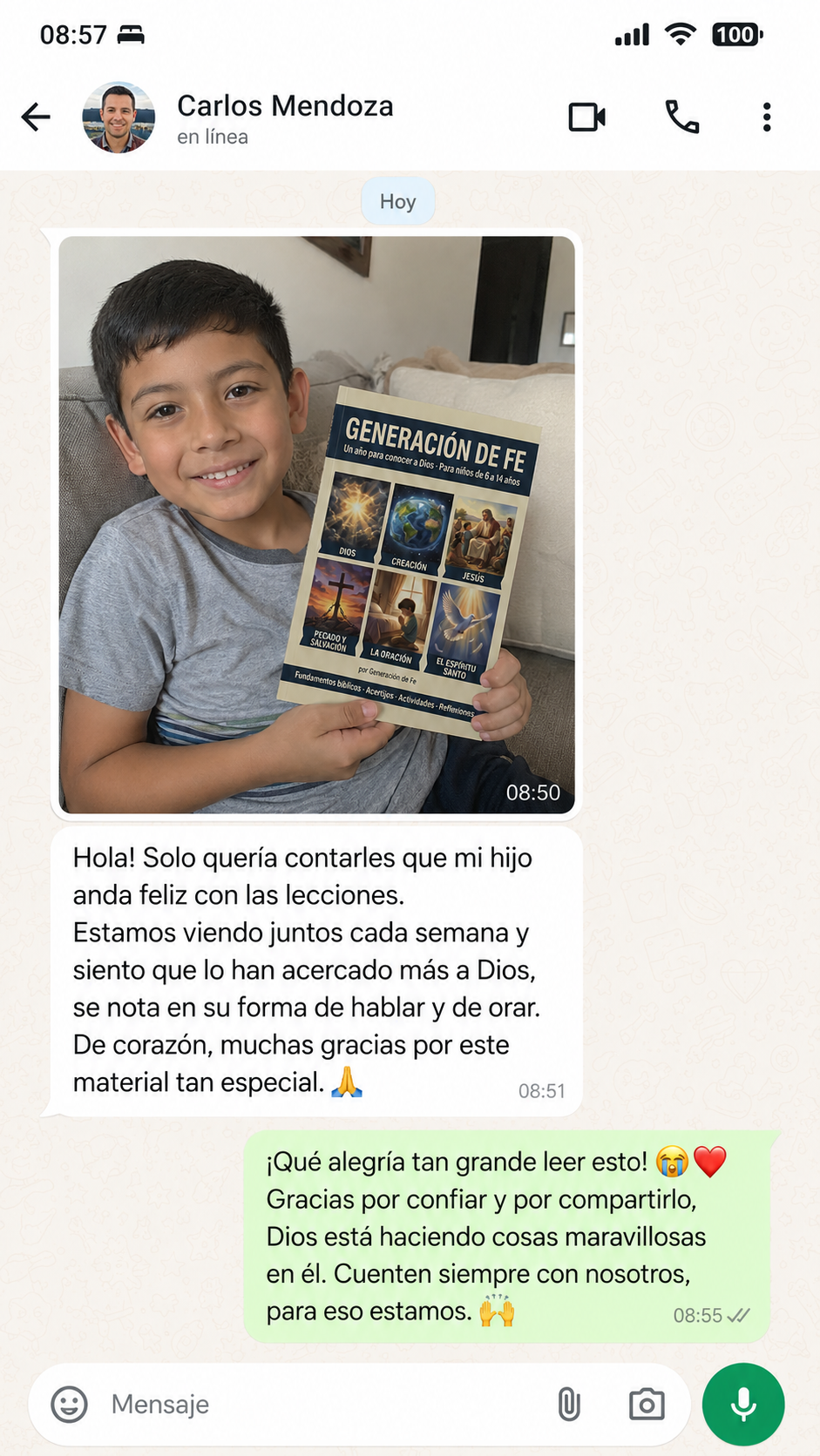 Mensaje de WhatsApp mostrando el cuaderno impreso en uso